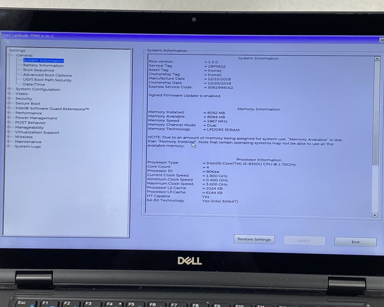 Dell Latitude 7390 2 in 1 13.3" Touch i5-8350U 1.70 GHz 8 GB RAM No HDD No OS