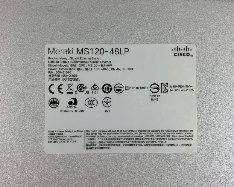 Cisco Meraki MS120-48LP-HW 48-Port PoE Managed Ethernet Switch Tested Reset