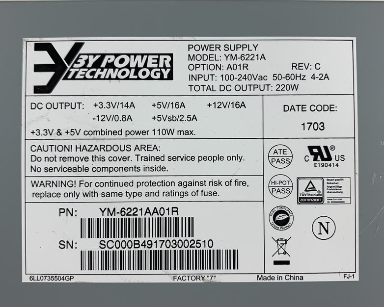 3Y Power Technology YM-6221A YM6221AA01R 220w 50-60Hz 100-240 Vac Power Supply