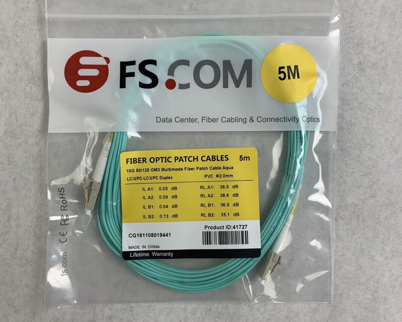 New FS.Com Fibre Optic Patch Cable 50/125 OM3 Multimode Color Aqua Length 5M