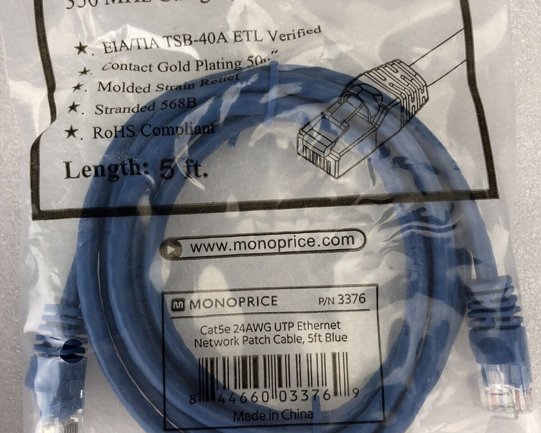 Monoprice Blue 5ft 5E Ethernet Patch Cord (UTP) - RJ45 350Mhz (Lot of 4)