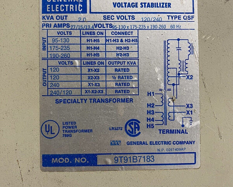Parts and Repair General Electric Voltage Stabilizer Model No. 9T91B7183