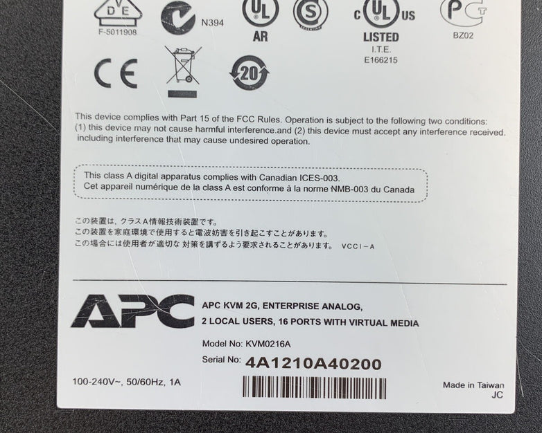 APC KVM0216A KVM USB 2G Enterprise Analog 2 Local Users 16 Ports Tested