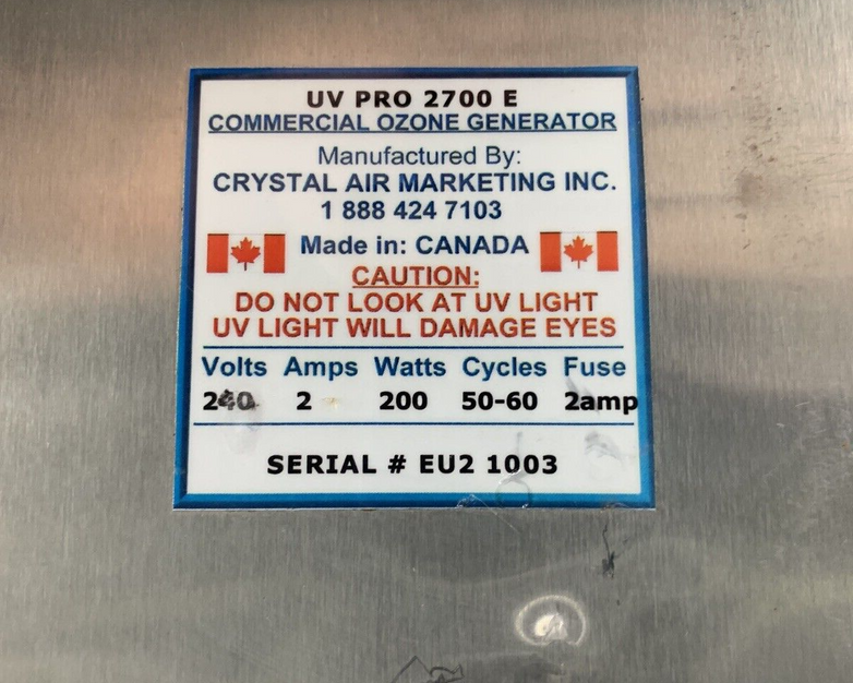 UV Pro 2700 E Industrial Crystal Air Ozone Generator 240V Untested
