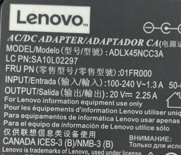 Mixed Lot of 8 Lenovo 20V 2.25A 45W AC Adapter