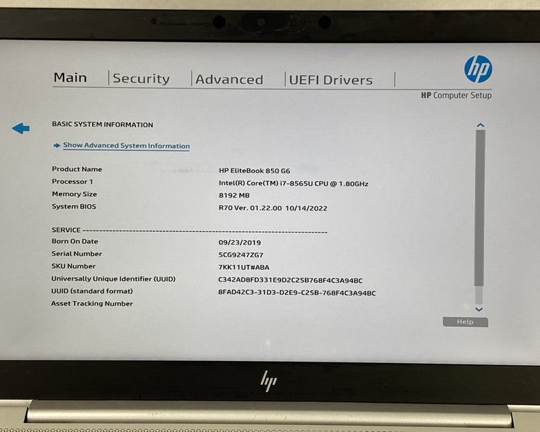HP EliteBook 850 G6 Core i7-8565U 1.80GHz 8GB RAM 15.6" No Battery No HDD No OS