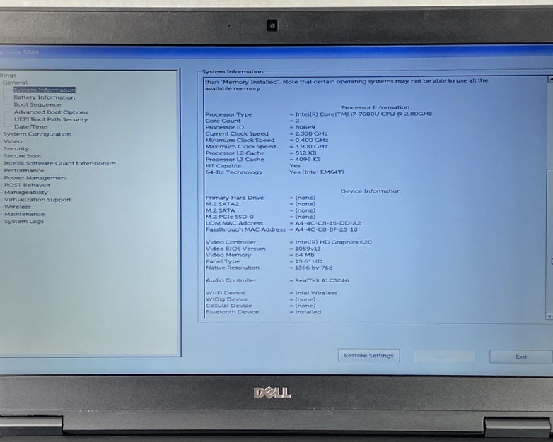 Dell Latitude 5580 Intel Core i7-7600U 2.80GHz 8GB RAM 15.6" No HDD No OS