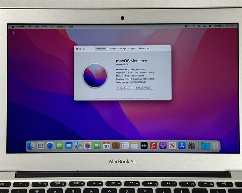 Apple MacBook Air A1465 2015 11" 1.6Ghz i5 4GB RAM 120GB SSD os12.7.6 304 Cycles