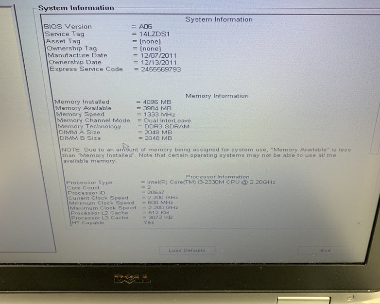 Dell Latitude E6420 14" i3-2330M 2.2 GHz 4 GB Ram No OS No HDD No Batt No AC