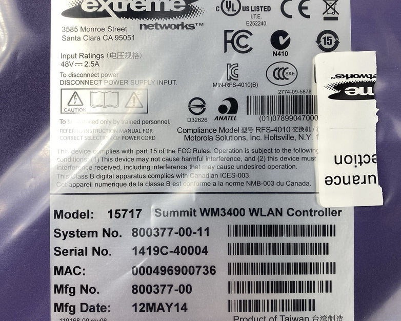 Extreme Networks 15717 Summit WM3400 WLAN Controller