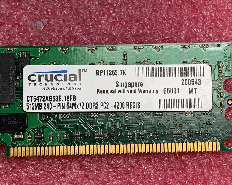 Micron (Lot of 2) 512 1Rx4 PC2-4200R-444-12-C0 Server Ram MT18HTF6472Y-53EB2