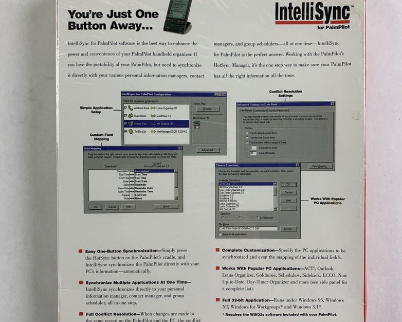 New PalmPilot IntelliSync Window 95 NT 3.1 Puma Mobil Data Exchange Tech 1997
