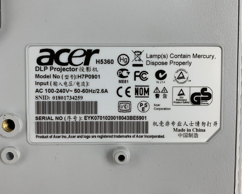 Acer H5360 DLP Projector Tested Powers Displays Has Bad Fans and Parts Repair
