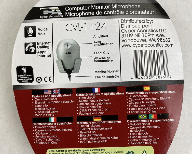 Lot of 6 Cyber Acoustics CVL-1124 Computer Monitor Microphone