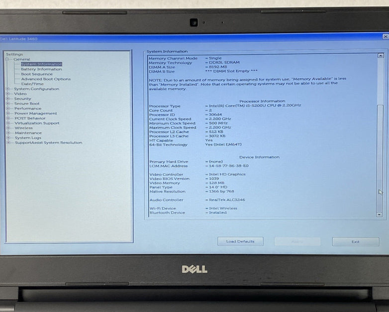 Dell Latitude 3460 Core i5-5200U 2.2GHz 8GB RAM 14.0" No HDD No OS No AC