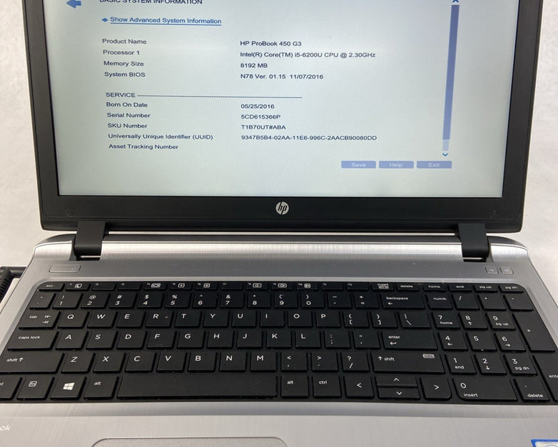 HP ProBook 450 G3 Intel Core i5-6200U 2.3 GHz 8 GB RAM No HDD/No OS