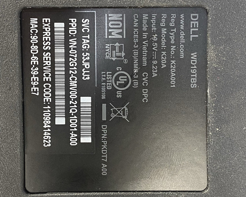 Dell WD19TBS K20A Thunderbolt Docking Station No AC Adapter Power Tested