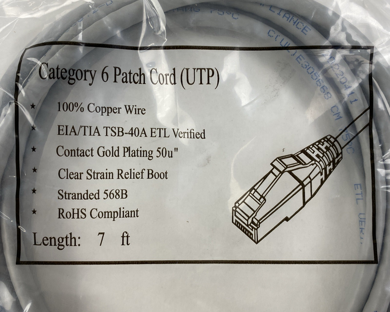 Category 6 Patch Cord (UTP) 7FT 550MHz (Lot of 5)