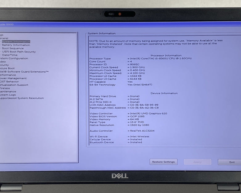 Dell Latitude 5500 Intel Core i5-8365U 1.60 GHz 8 GB RAM 15.6" No HDD No OS