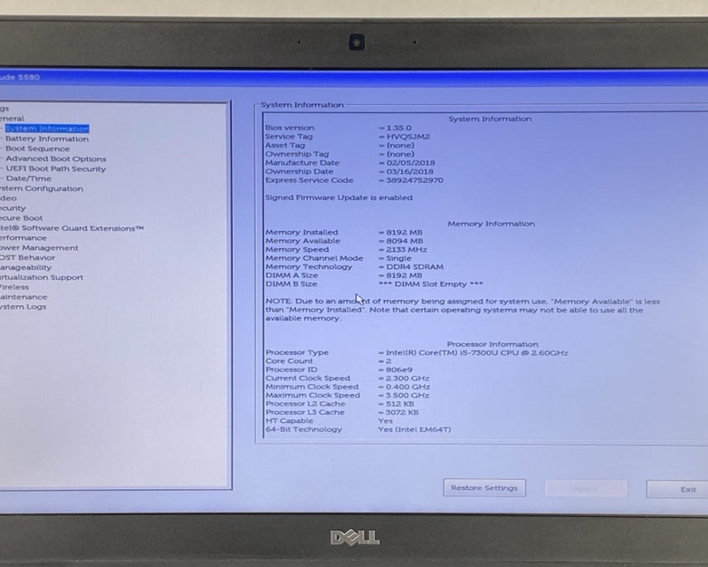 Dell Latitude 5580 Core i5-7300U 2.60 GHz 8 GB RAM 15.6" No Battery No HDD No OS