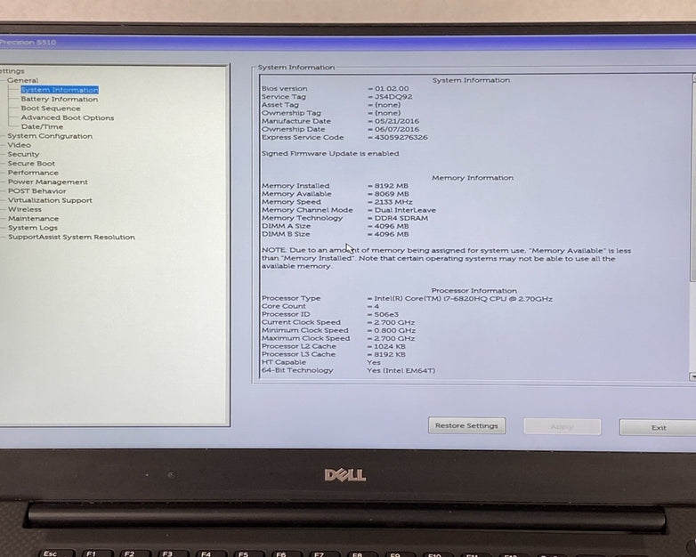 Dell Precision 5510 Intel Core i7-6820HQ 2.7 GHz 8 GB RAM 15.6" No HDD No OS