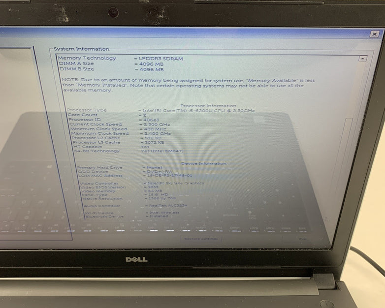 Dell Inspiron Laptop 5559 i5-6200U 2.3 GHz 8 GB Ram No OS No HDD No Batt No AC