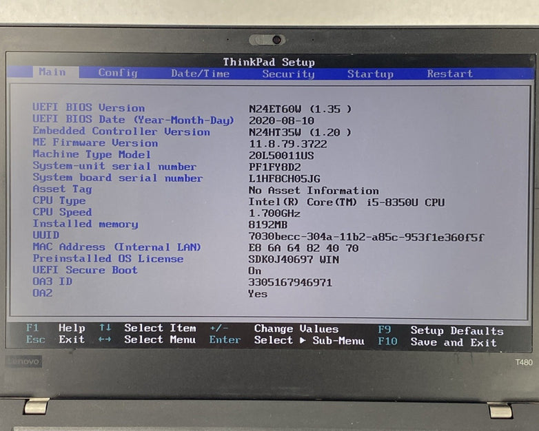 Lenovo ThinkPad T480 Core i5-8350U 1.70 GHz 8 GB RAM 14" No Battery No HDD No OS