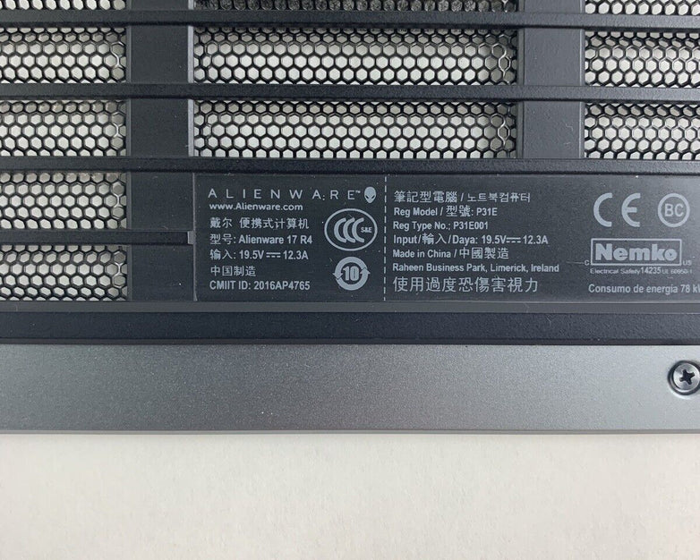 Alienware 17 R4 P31E001 2016 Keyboard Bottom Cover Only No Screws