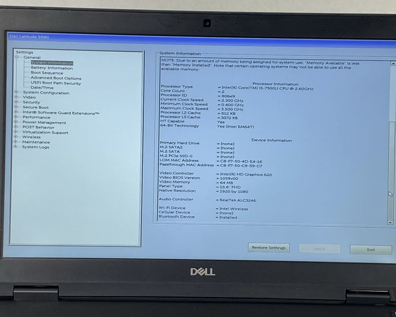 Dell Latitude 5590 Intel Core i5-7300U 2.60 GHz 8 GB RAM 15.6" No HDD No OS