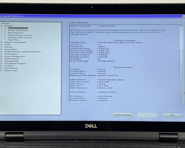 Dell Latitude 7390 2 in 1 13.3" Touch i5-8250U 1.7 GHz 8 GB RAM No HDD No OS