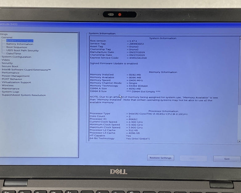 Dell Latitude 5400 Core i3-8145 2.10GHz 8 GB RAM 14" No Battery No HDD No OS