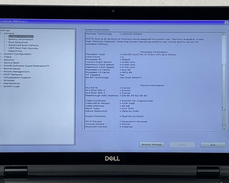 Dell Latitude 7390 2 in 1 13.3" Touch i3-7130U 2.7 GHz 4GB RAM No Battery/HDD/OS