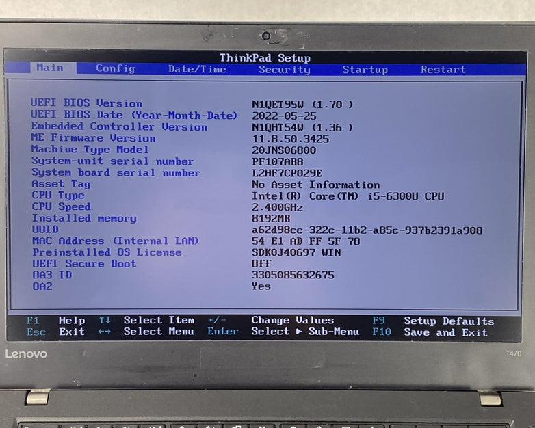 Lenovo ThinkPad T470 Core i5-6300U 2.40 GHz 8 GB RAM 14" No Battery No HDD No OS