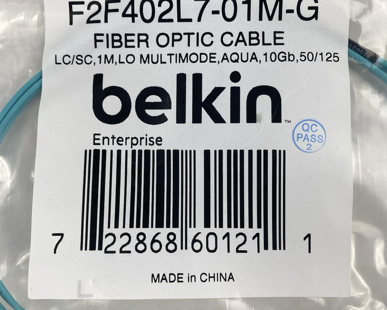 Belkin F2F402L7-01M-G LC to SC 1M LO Multimode Aqua 10Gb Fiber Optic Cable