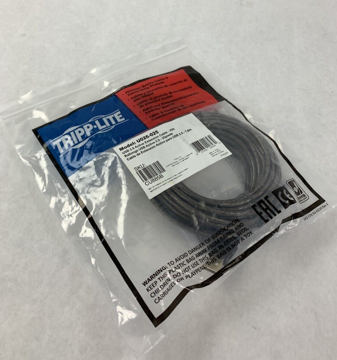 New Tripp Lite U026-025 7.62m USB A Male Female Black USB cable