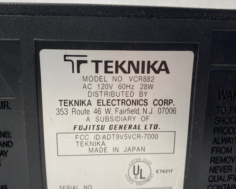 Teknika VCR882 VHS Player VCR Recorder Made in Japan NEEDS REPAIR