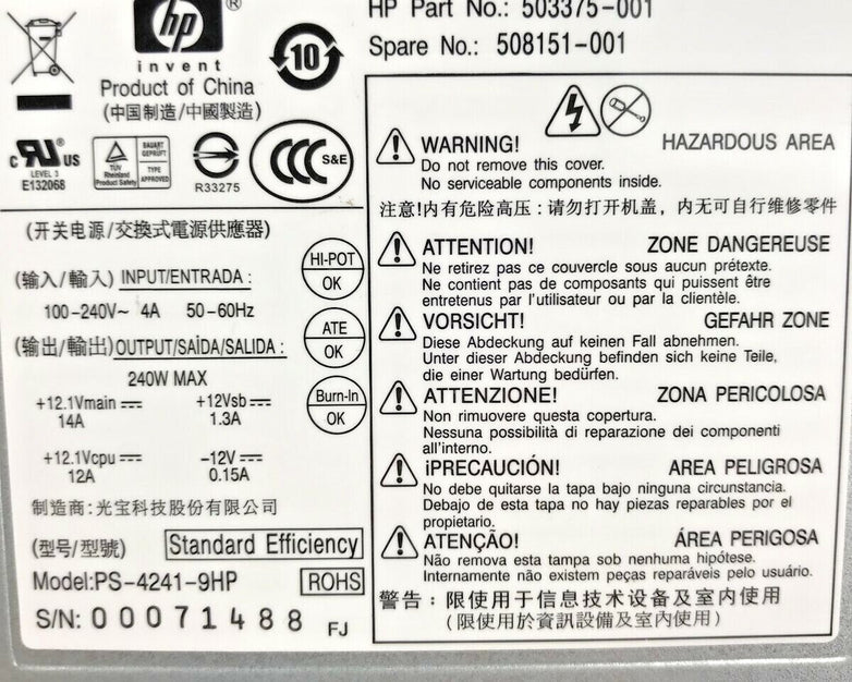 HP Compaq 240W Power Supply 8100 Pro SFF PS-4241-9HP 503375-001