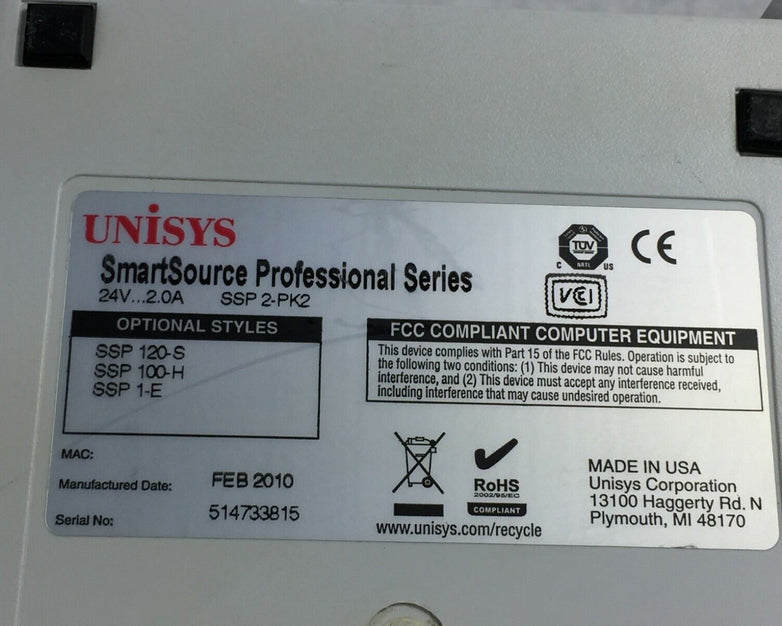 Unisys SmartSource Professional Series Check Scanner SSP 2-PK2 Power Supply&Cord