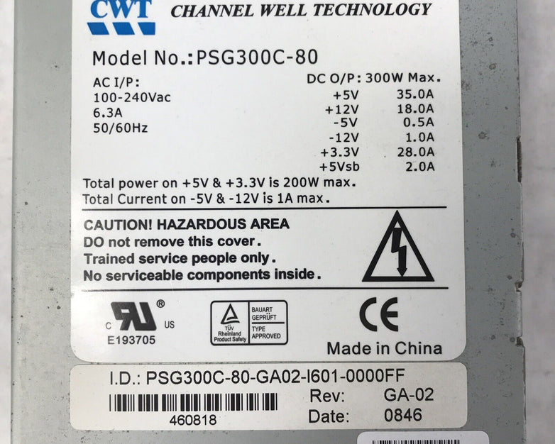 CWT PSG300C-80 Power Supply PSU 20-pin ATX Channel Well Technology