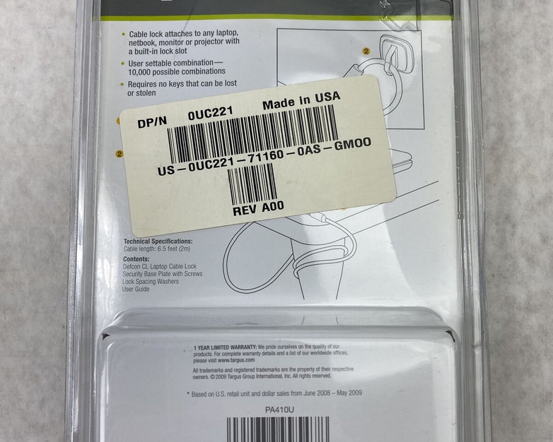 Targus PA410U Defcon CL Laptop Cable Combination Lock 6.5ft 0UC221