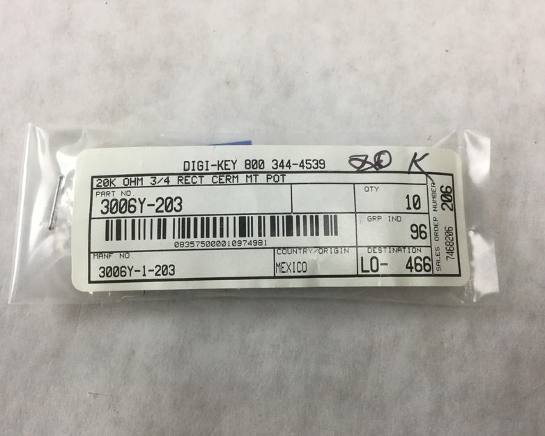 DIGI-KEY 20k OHM 3/4 Rect Cerm MT POT 3006Y-203 (Lot of 10)