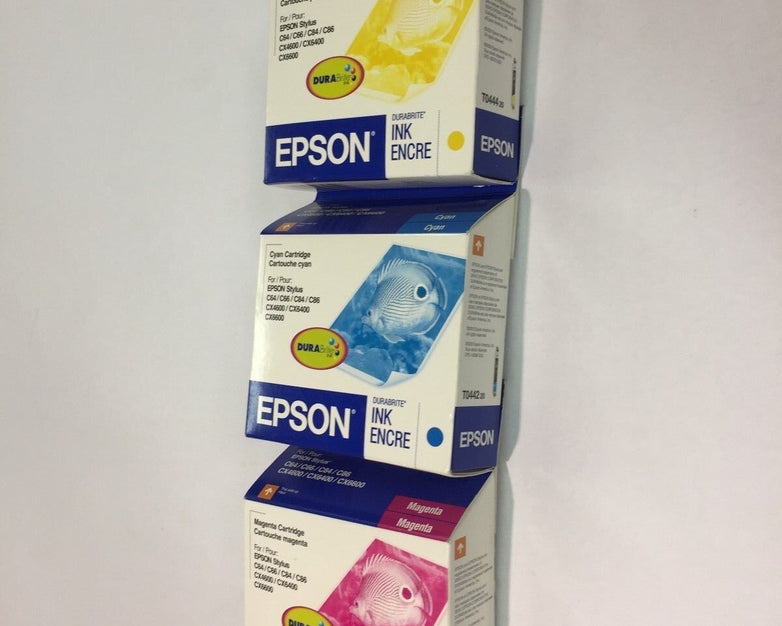 Epson T0442 Cyan, T0443 Magenta, T0444 Yellow (Lot of 3) NEW Factory Sealed