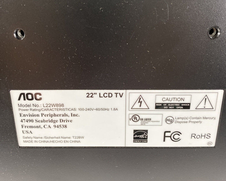 AOC L22W898 22" 720p LCD HDTV TV Television HDMI VGA RCA S-Video w/o REMOTE