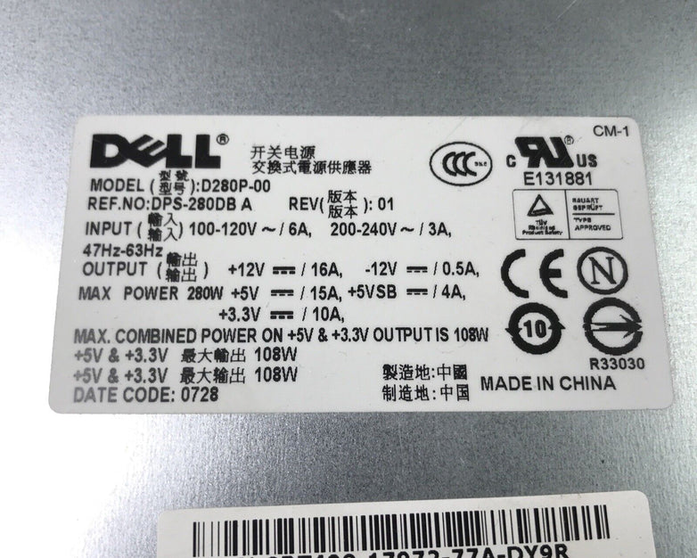 Dell D280P-00 240V 280W 63Hz 16A Power Supply (Tested and Working)