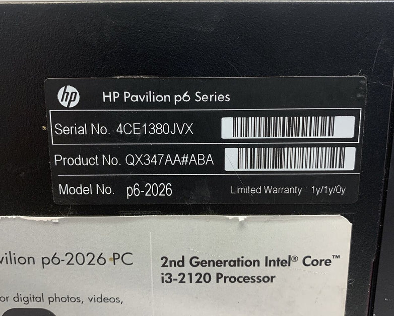 HP P6-2026 MT Intel Core i3-2120 3.3GHz 8GB RAM No HDD No OS