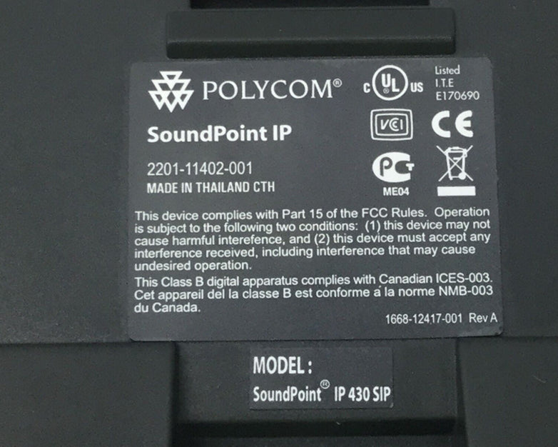 POLYCOM SoundPoint IP 430 SIP Includes Back Stand Plate Tested WORKS