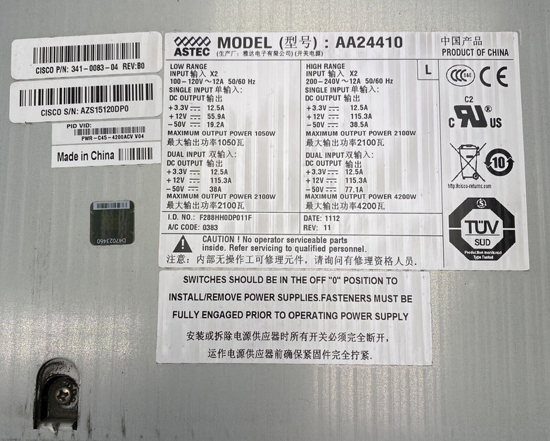 Astec AA24410 Cisco 341-0083-04 PWR-C45-4200ACV 4200W PSU Power Supply
