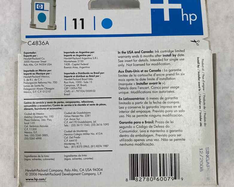 Lot( 2 ) HP 11 Cyan C4836A Ink Cartridge SEALED Expired 2008 + 2010