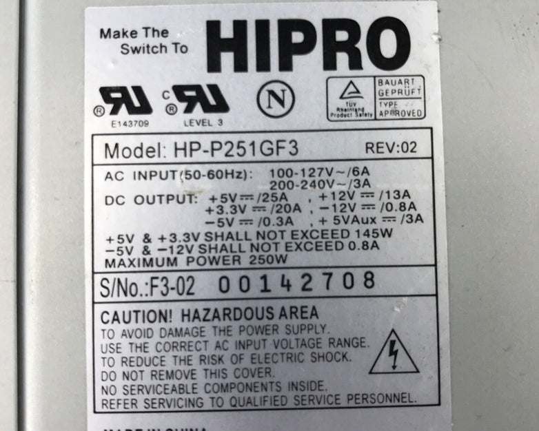 Hipro HP-P251GF3 Power Supply PSU 240V 3A 60Hz 20-Pin