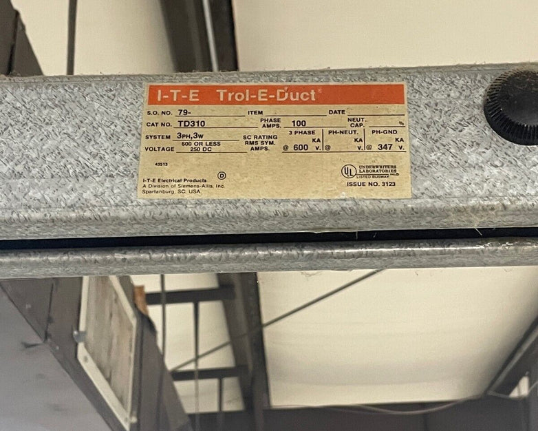 ITE Trol-E-Duct TD310, TDF3, Electrical Busway, 100A, 3PH, 600V, Vintage
